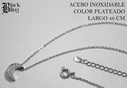 Collar Plateado Dije Luna Sirconia Acero Inoxidable Mujer