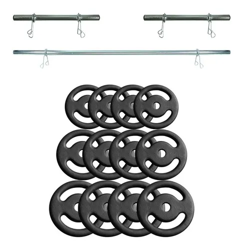Kit Musculação Anilhas Pintadas 40kg Barras Ocas Treino