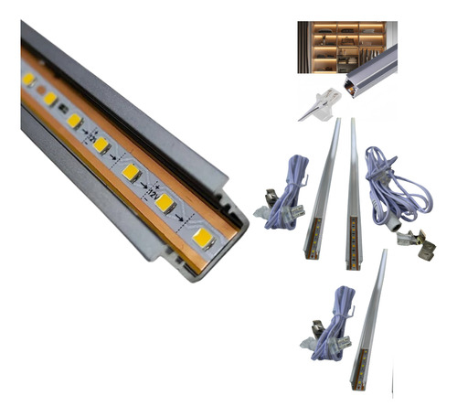 3 Lámparas Plafón Perfil Aluminio Con Luz Led 12v 1.50m Blanco Cálido