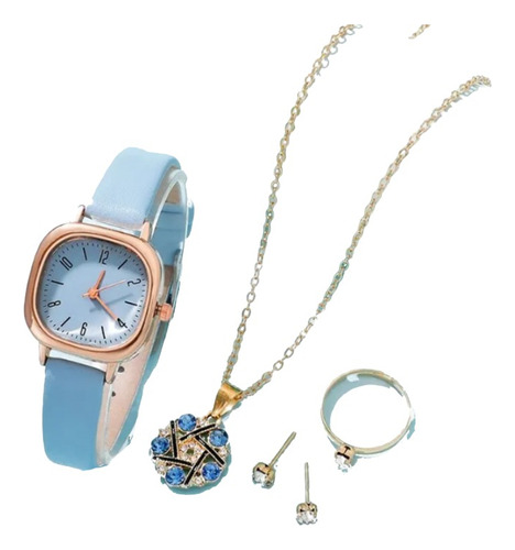Set Reloj De Pulsera Aretes Collar Anillo Azul Cielo