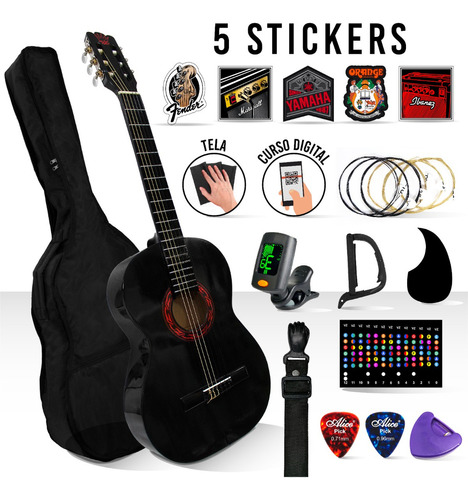 Kit De Guitarra Acústica Con Accesorios + Stickers Color Negro Material del diapasón Álamo Orientación de la mano Zurdo