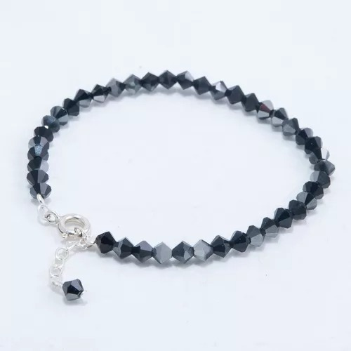 Tobillera En Cristal Swarovski Elements Plata 925 C/ Dije Negro Jet Ab 17.78 Cm 22 Cm