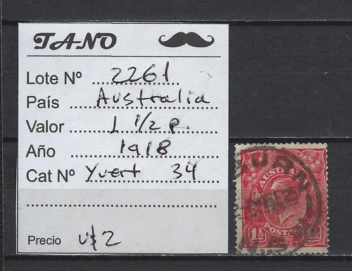 Lote2261 Australia 1 1/2 Pence Año 1918 Yvert# 34