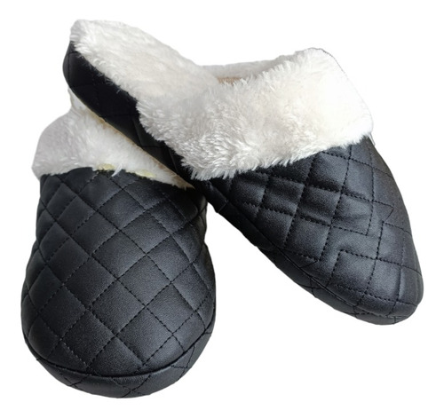 Pantuflas Con Peluche Negro Con Blanco Mujer Dama