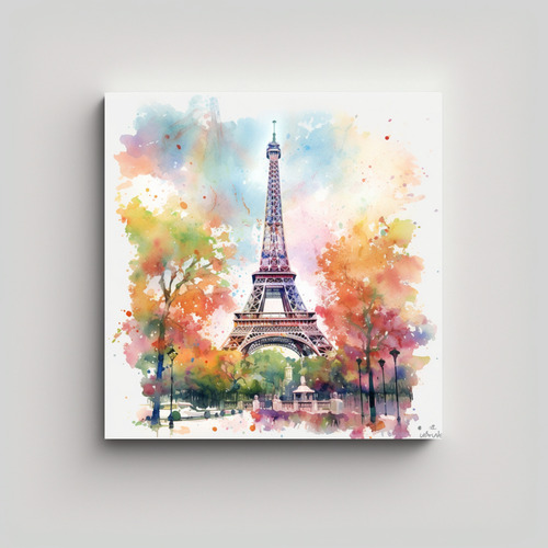 80x80cm Cuadro Pintura Alegre De La Torre Eiffel En Colores 