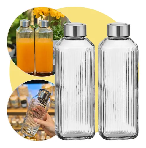 Kit 2 Garrafas ‌Vidro 1 Litro ​Tampa Inox ﻿Água Suco Geladeira