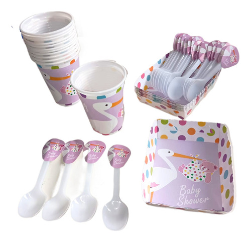 Kit Vasos+platos+cubiertos 24niños  Baby Shower Lila Cigueña