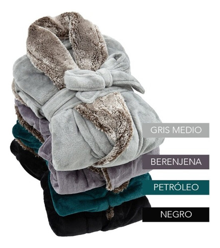 Bata Adulto Flannel Fleece Kimono Con Cuello Simil Piel Jc