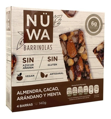 Barra proteica Nuwa Keto sin TACC sabor almendra, cacao, arándano y menta 35 g pack x 4