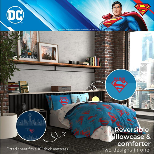 Conjunto Ropa De Cama Superman Franco 7 Piezas Microfibra