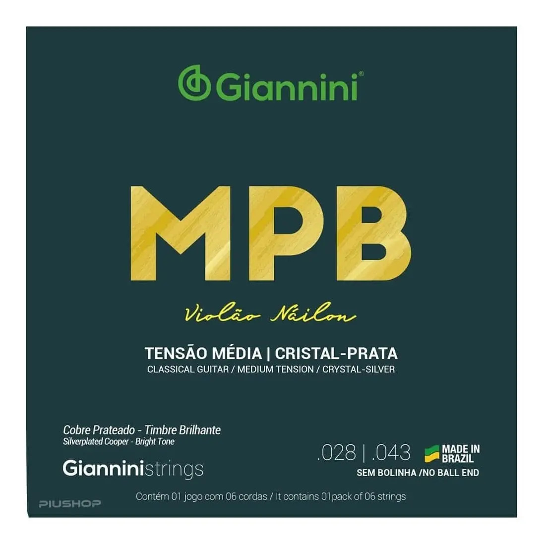 Encordoamento Giannini Violão Nylon MPB 6 Cordas Tensão Média