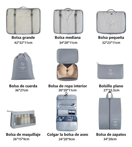 Juego De 9 Bolsas Almacenamiento Viaje, Bolsas Impermeables