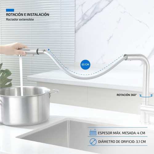 Imagen 4 de 10 de Griferia Para Cocina Monocomando Extensible Canilla De Acero