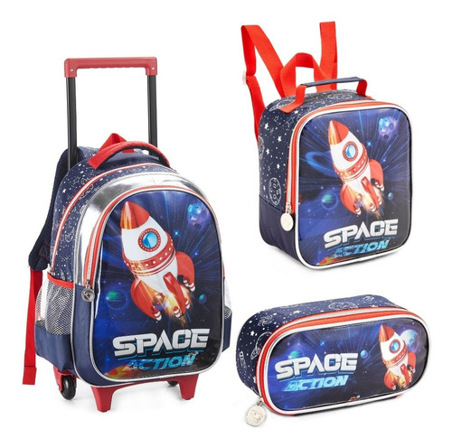 Kit Mochila Com Rodinhas Foguete Astronauta Infantil Menino Cor Azul-escuro