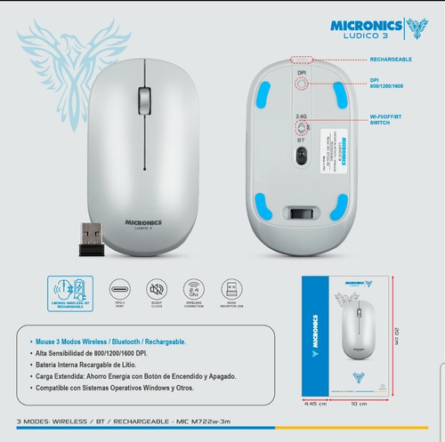 Mouse Inalámbrico Bluetooth Recargable Micronics Ludico 3