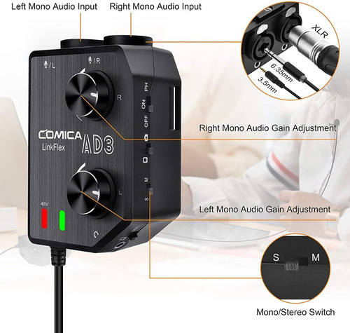 Imagen 4 de 6 de Mezclador De Audio 2 Xlr Camara Smartphone Linkflex Ad3