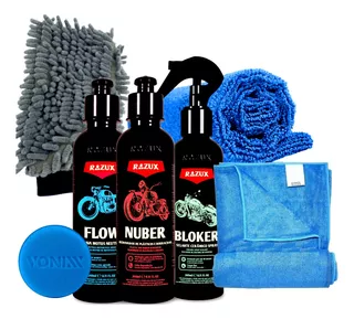 Kit Para Lavagem De Moto Shampoo Flow Nuber Bloker Razux