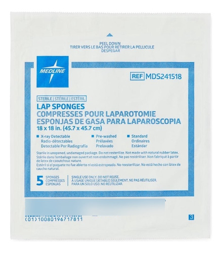 Compresa Quirurgica Para Laparos Esteril 45x45, 5 Pzas