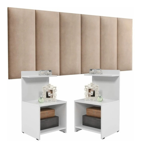 Kit Quarto 2 Mesa Cabeceira Retrô Painel Cama Casal Box 1,40 Cor Bege