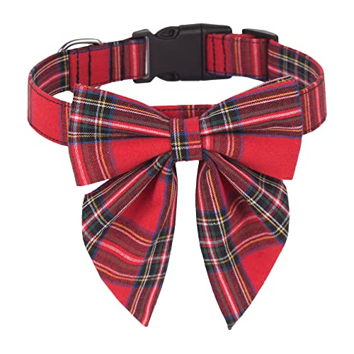 Christmas Dog Collar With Bow, Adjustable Cotton Red Pl...