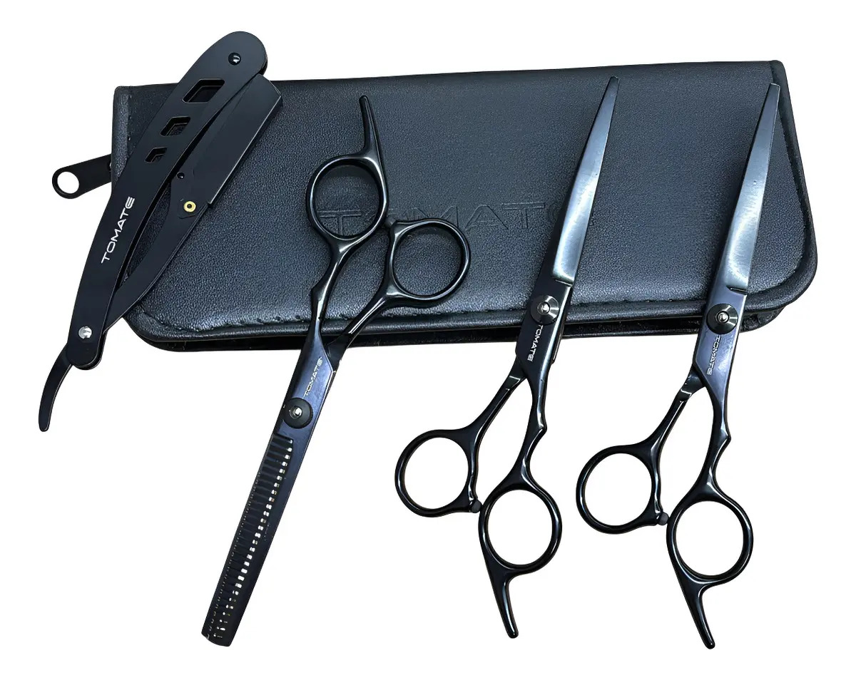 Kit Tesoura Profissional Cortar Cabelo Fio Navalha Barbearia Preto