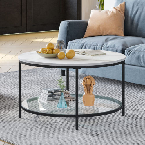 2-tier Round Coffee Table Marble Center Cocktail Table W Eem
