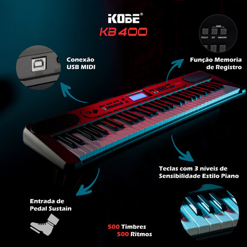Kit Teclado Musical Kobe Kb-400 61 Teclas Sensíveis Completo Cor Cinza