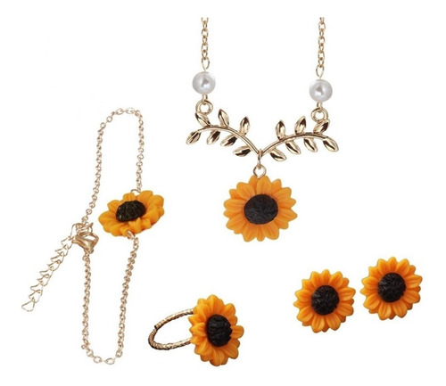 Accesorios Combo Aretes, Collar, Pulsera Y Anillo Girasol