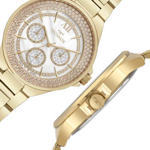 Relogio Technos Feminino Dourado Multifunção Cravejado Stras 6P29ALQ/1D