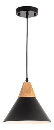 Lámpara Colgante Moderna Negra Con Madera, 25cm, Granja