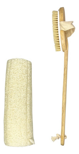 Esponja Vegetal Exfoliante + Cepillo Para Ducha De Madera Caqui Lisa