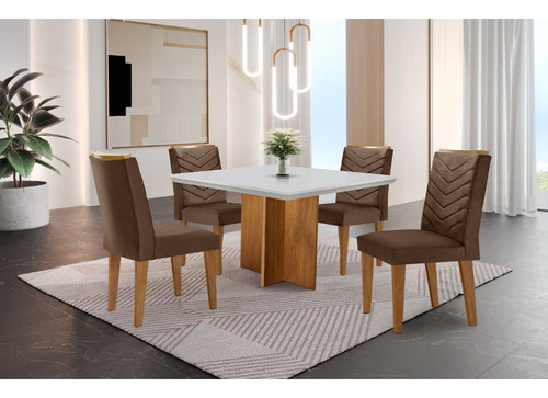 Conjunto Mesa Olímpia 90cm Em Mdf 4 Cadeiras Liz Moderna Cor Vel. Marrom/off White/imbuia Desenho Do Tecido Das Cadeiras Liso