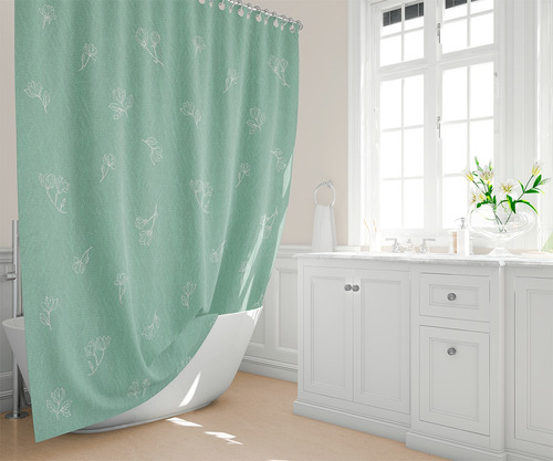 Cortina Bano Tela Estampada Diseño Ducha Color Verde Con Hojitas En Relieve Gasa