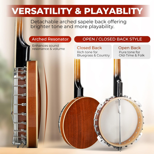 Banjo Vangoa Vbj-50 De 5 Cuerdas De Tamaño Completo Con Kit