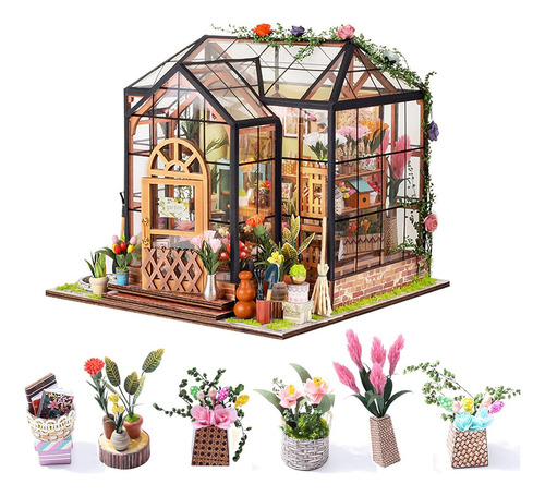 Camewin Kit De Casa Minúscula DIY Sala De Flores, Com Luz LED E Tampa De Acrílico, Presentes Para Familiares E Amigos