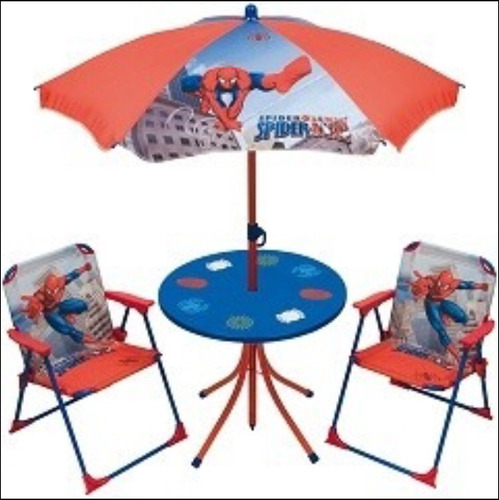 Mesa Silla Y Sombrilla Hombre Araña. Set De Jardín Para Niño