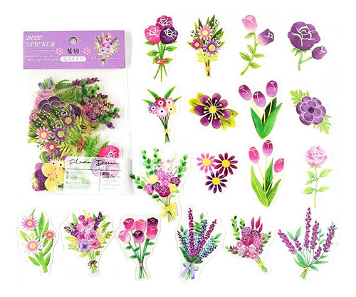 Set De 40 Stickers Florales Pet Transparente Scrapbook Bujo