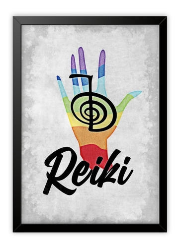 Quadro Decorativo Reiki Mão Choku Rei Vintage Moldura 45x33 Cor da armação Preto