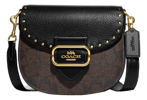 Bolsa Coach Original Morgan Saddle Bag In Colorblock Brown Acabado de los herrajes Dorado Color Marrón Color de la correa de hombro Negro Diseño de la tela Signature canvas