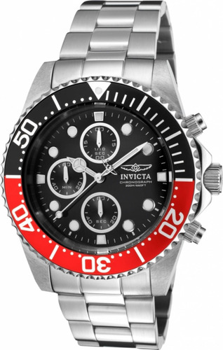 Reloj pulsera Invicta Pro Diver 1770 de cuerpo color acero, analógico, para hombre, fondo negro, con correa de acero inoxidable color acero, agujas color acero y blanco, dial blanco y acero, subesferas color negro y acero, minutero/segundero blanco, bisel color negro y rojo y desplegable