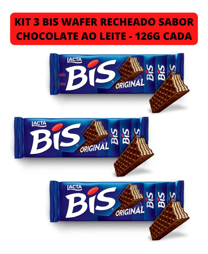Kit 3 Bis Wafer Recheado Com Cobertura Sabor Chocolate -