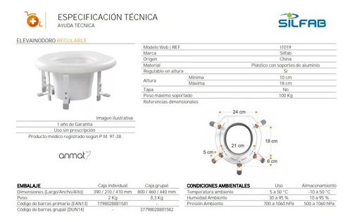 Asiento Eleva Inodoro Regulable Altura 18 Cm Aluminio Silfab
