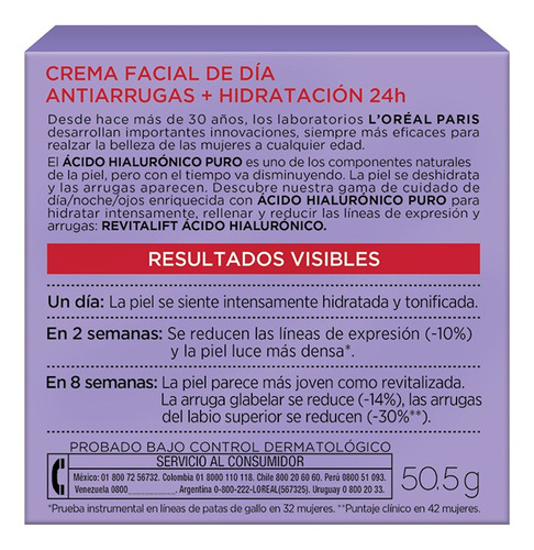 Imagen 3 de 7 de Crema Anti Arrugas Revitalift Ácido Hialurónico Loreal 50ml