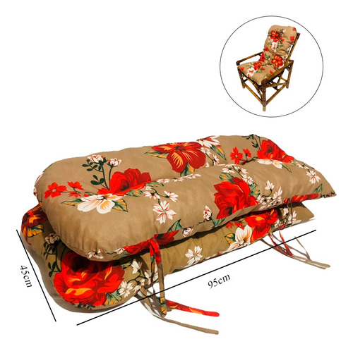 Kit 2 Almofadas Para Cadeiras De Bambu E Vime Flor Vermelha