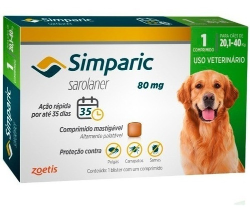 Antipulgas Simparic 80 Mg P/ Cães 20,1 A 40 Kg 1 Comprimido