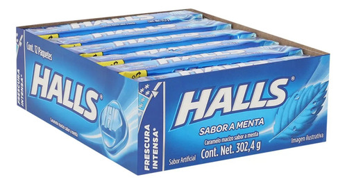 Halls Azul Menta Mentho Lyptus Frescura Caramelo Caja 12pz