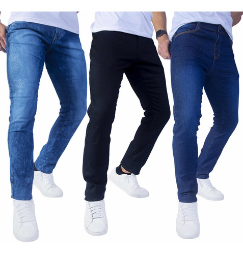 Imagem 1 de 8 de Kit 3 Calça Jeans Masculina Slim Original Elastano Lycra