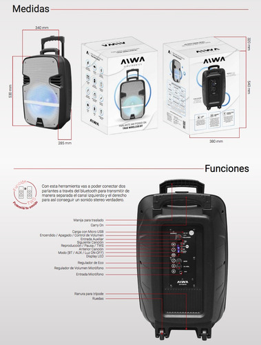 Imagen 2 de 10 de Parlante Aiwa Aw-p1200d-sn Portatil Bluet Pmpo 6000w Premium
