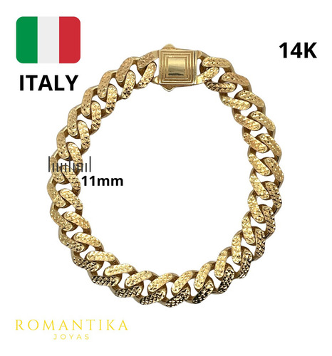 Pulsera Barbada Cubana 14k Kilates Alto Brillo 11mm 21cm Color Amarillo Diámetro 7 cm Largo 21 cm