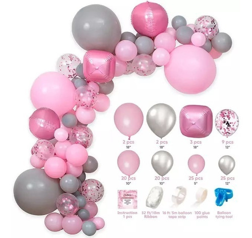 Globos Para Cumpleaños O Bautizos Para Niñas Rosado Kit Arco